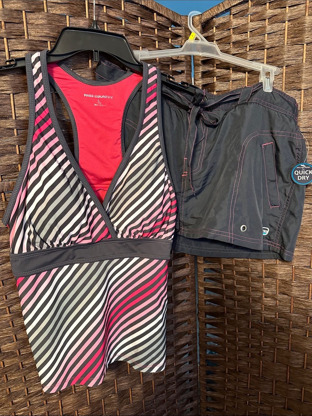 Free Country Pink, White & Gray Striped Tankini with Black Swim Shorts